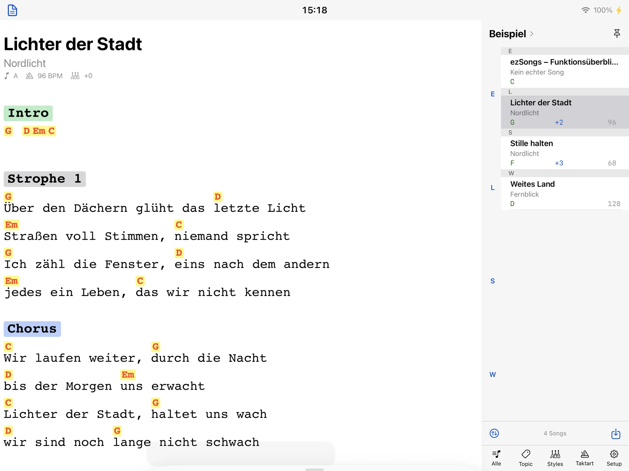 ezSongs auf dem iPad: Song mit Akkorden über dem Text und Songliste in der Seitenleiste