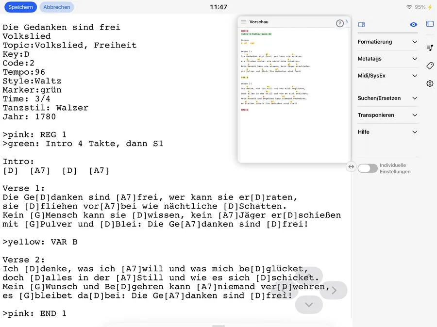 Songtext-Editor mit Metatags und farbigen Regie-Markierungen im Rohtext