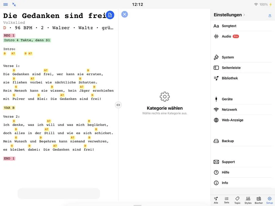 Auswahlmenü für die Sidebar-Kategorien