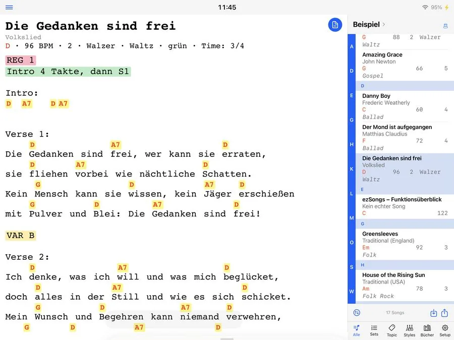 Songbibliothek mit Seitenleiste und Farbmarkierungen